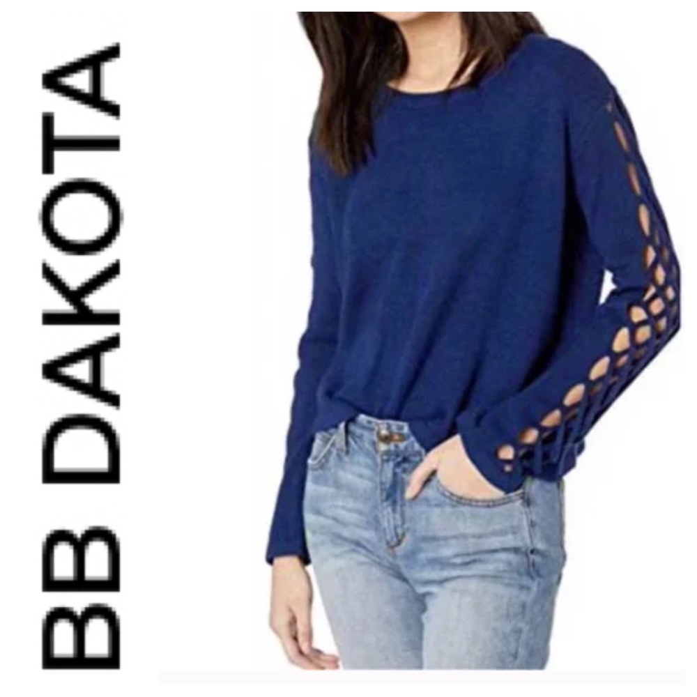 NWT JACK BY BB DAKOTA BLUE CREW NECK LATTICE SLEEVE SWEATER MEDIUM